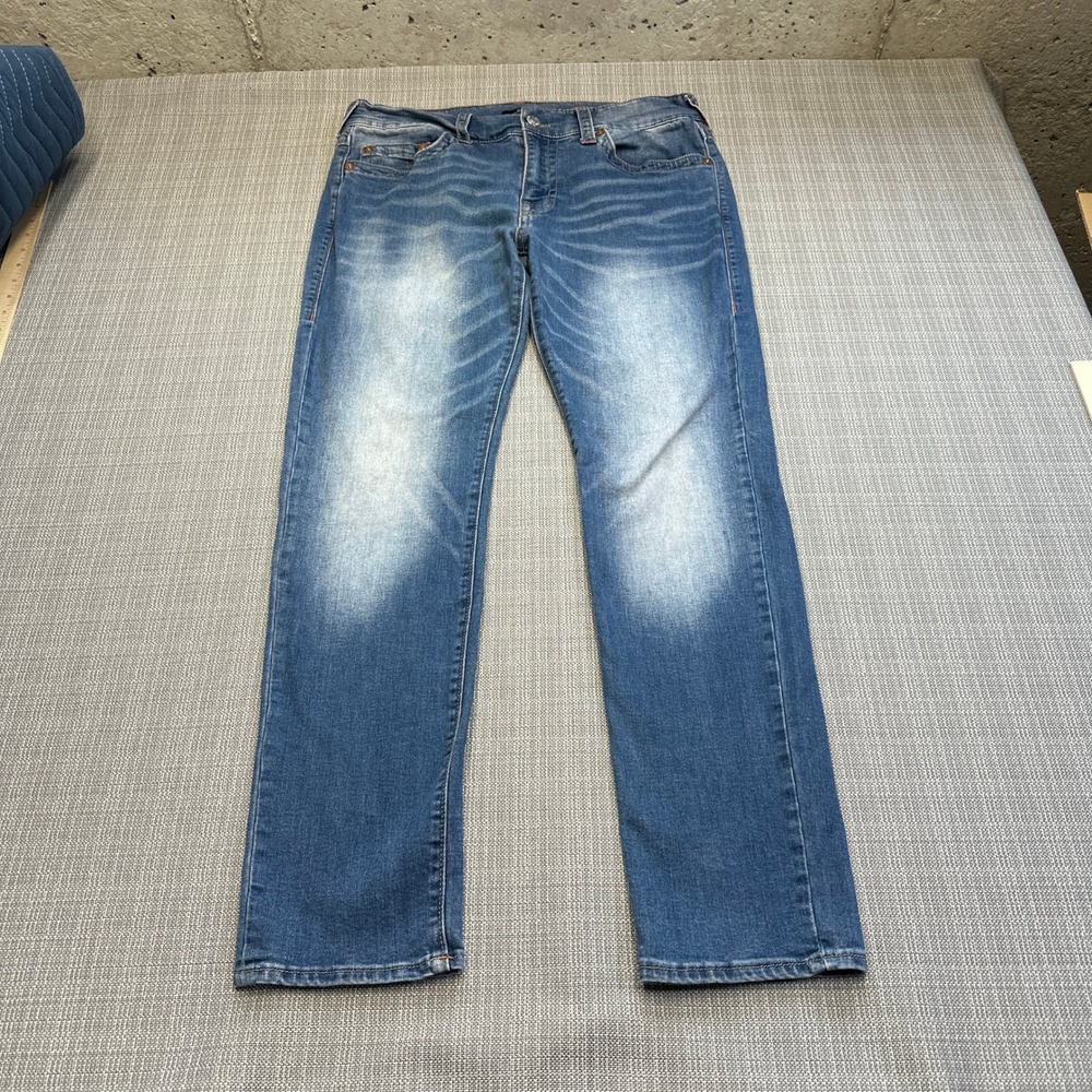 True Religion Rocco Relaxed Skinny Jeans 33 x31‎ Blue Faded Whiskered Stretch